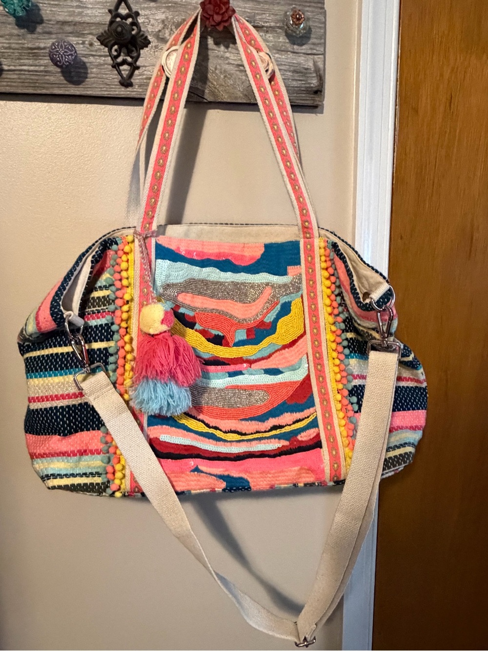 America & Beyond Chloe Handwoven Multicolor Pom-Pom Tote Bag - Boho Chic